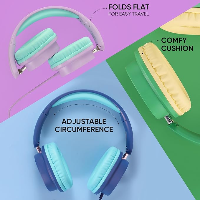 Kids Headphones Bulk 5 Pack for School, HD Mic Stereo Sound Over-Ear Headphones for Classroom, Comfortable Fit, Foldable, 3.5mm Jack Wired Headphones for kids ipad Tablets Computer Travel, Colorful