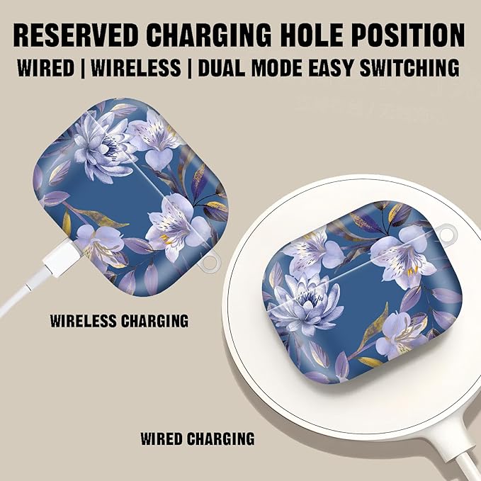 Compatible with AirPod Pro 2nd//1st Generation Case Cover with Key Chain,Full Protective Shockproof Wireless Headphone Case for Airpod Pro 2023/2022/2019（Purple Flowers）