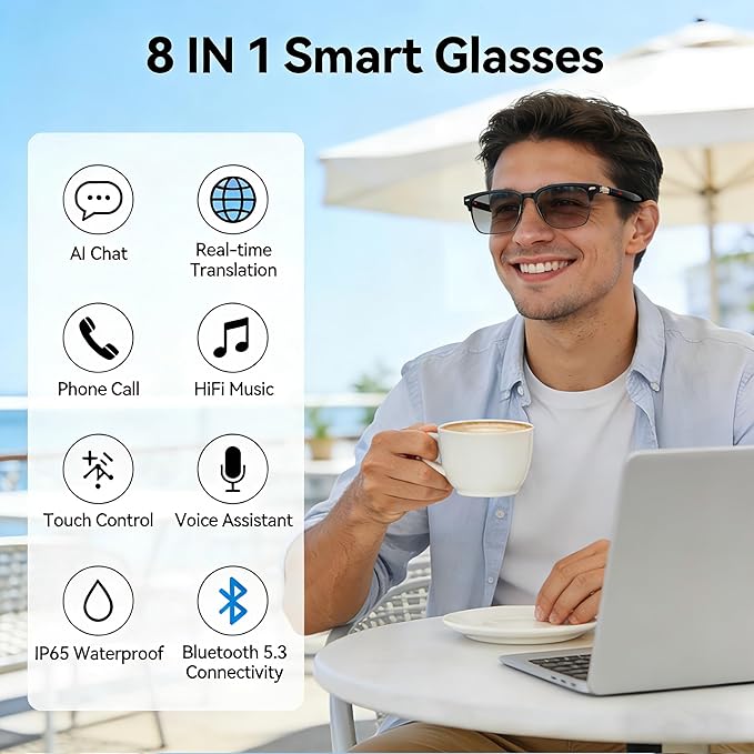 AI Smart Wireless Bluetooth Translation Glasses for Men/Women with Speakers/Bluetooth&140+ Languages Translation Sports/Travel/Drive/Busniess (MK3+AI+Color Change Lenses+Black+Adjustable)