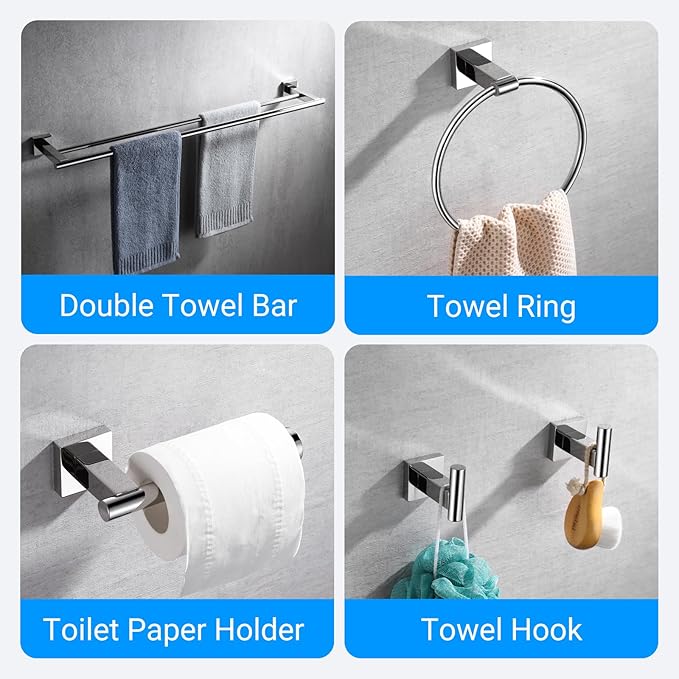 Miyili SUS304 Stainless Steel 5-Piece Bathroom Accessories Set with 30" Double Towel Bar, 5" Toilet Paper Holder, Towel Ring, 2 x Robe Hooks Bath Hardware Kit Wall Mount, Poilshed