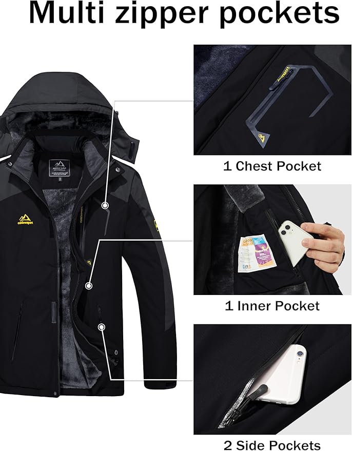MAGCOMSEN Men's Winter Coats Water Resistant Ski Snow Jacket Warm Fleece Jacket Parka Raincoats With Hood Multi-Pockets