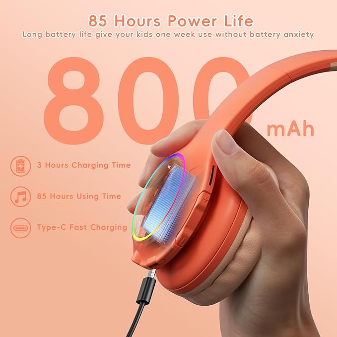 Kids Bluetooth 6.0 Headphones with LED Light, 85Hours Playtimes, Type-C Fast Charging, 85/94dB Volume Limited, Wireless Headphones with Built-in Mic, Wired & TF Card Mode, Pink and Orange