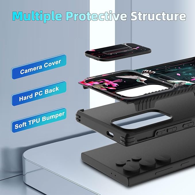 for Galaxy S25 Ultra Case Built in Slide Camera Lens Cover,Heavy Duty Shockproof Protection Dual Layer Case for Samsung Galaxy S25 Ultra 6.9" 2025,Flower Hummingbird