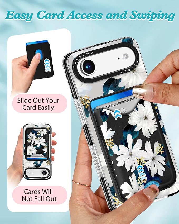 Toycamp for iPhone 17 Air Case - Compatible with Magsafe Credit Card Holder Wallet Magnetic Cute Women Teen Girls Kawaii Girly Unique White Flower Design Phone Cover for Apple 17 Air