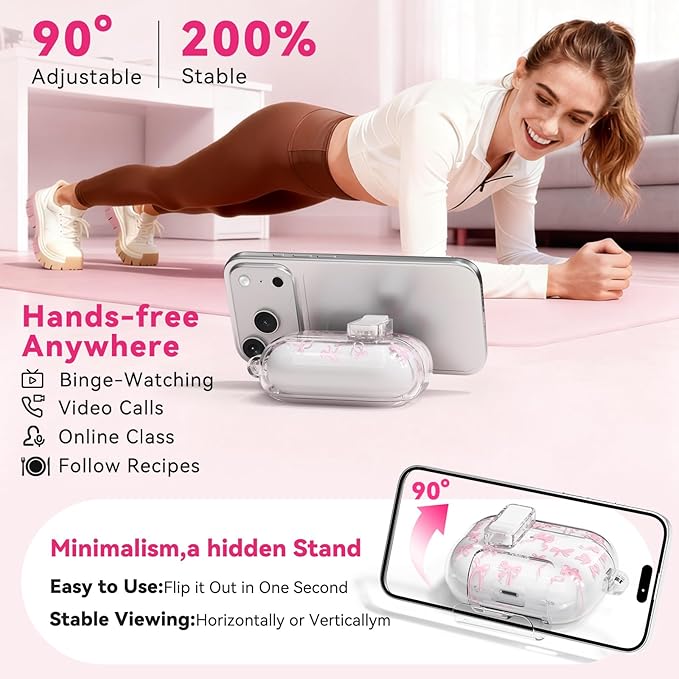 for AirPods Pro 3 Case Cute with Safety Lock & Phone Stand, Auto-Open Lid, Bow-Print Clear Case for Apple AirPods Pro 3rd Generation 2025 Cover with Cleaner Keychain for Women Girly, Pink