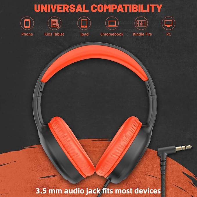 Orange Wired Headphones for Boys Portable On Ear Youth Headphones for School Airplane Travel Lightweight Portable Compatible with Pad Computer Laptop for Adults Student Children Girls Kids