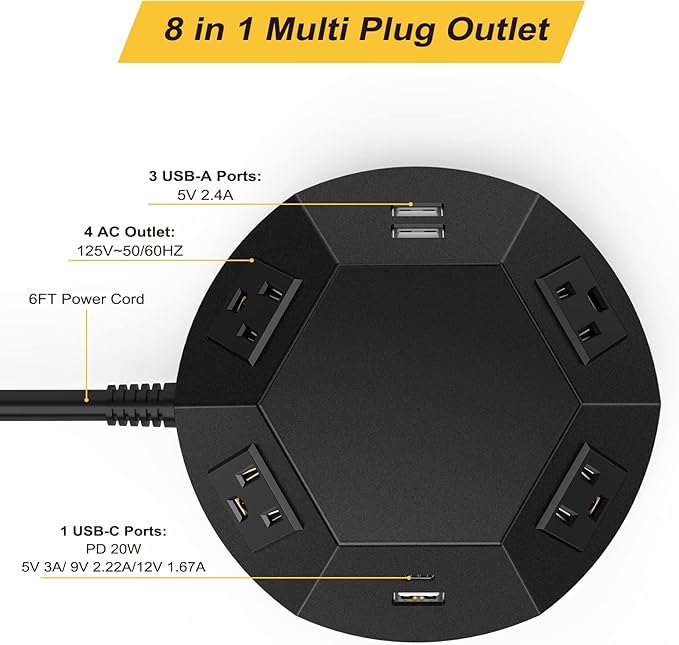Power Strip Tower with PD 20W USB C Ports, Surge Protector with 4 Outlet and 4 USB Ports, 6.56 FT Extension Cord Power Tower Charging Station for Desk, Home Office, Living Room, Bedroom