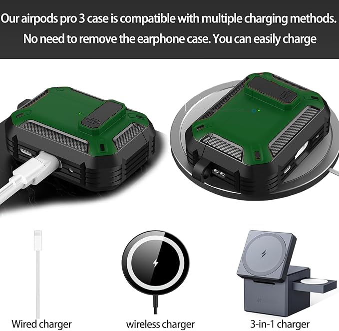 for AirPods Pro 3 Case, Secure Lock Cases Cover with Carabiner Compatible with Airpods Pro 3rd Generation Case, Full Body Shockproof Protective AirPod Case for Men Women(Black Green)