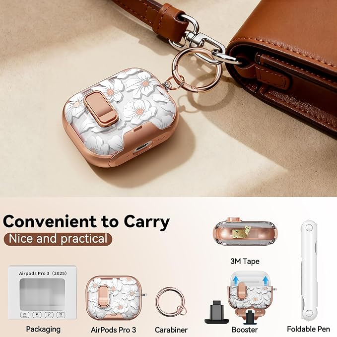 for AirPod Pro 3 Case 2025, with Safty Lock & Phone Stand for Floral AirPod Pro 3 Generation Case Cover for Women Girly, iPod Pro 3 Cases with Keychain & Cleaner Kit -White Lily