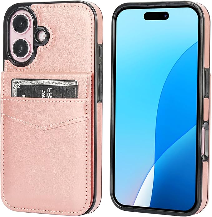 KIHUWEY Compatible with iPhone 16 Case Wallet with Credit Card Holder, Flip Premium Leather Magnetic Clasp Kickstand Heavy Duty Protective Cover for iPhone 16 6.1 Inch (Rose Gold)