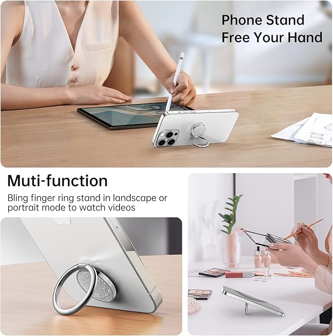 Syncwire Cell Phone Ring Holder Stand, Bling Bling Finger Ring Kickstand 360° Rotation Sparkle Phone Grip for Magnetic Car Mount Compatible with iPhone,Samsung,Pixel, All Smartphones - Glitter Silver