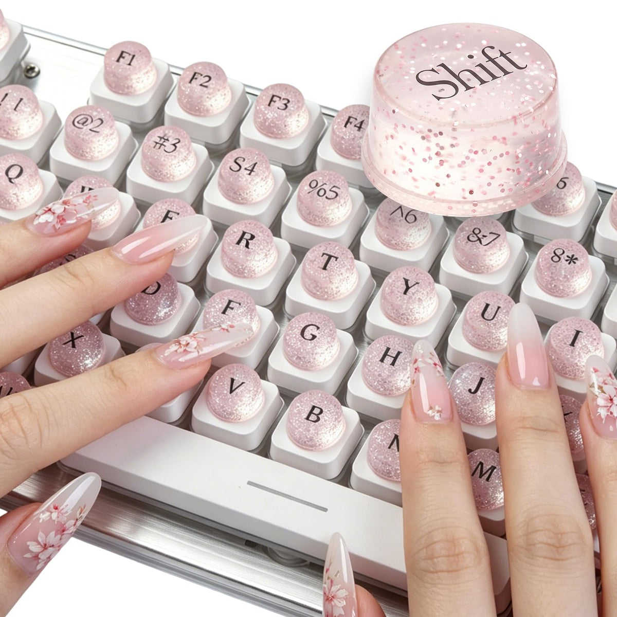 128Pcs Raised Keyboard Stickers for Long Nails, Bling Keyboard Bubbles with Letters, Self-Adhesive Nail Art Typing Keycaps for Desktop Laptop PC Wired Wireless Keyboard (Pink)