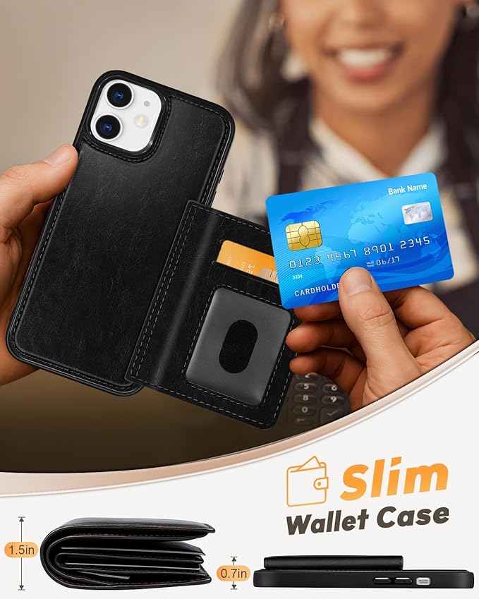 for iPhone 11 Case with Wallet - Fits 4 Card Slots, Compatible with MagSafe for Women Men Durable PU Leather Credit Card Holder Kickstand Phone Cover for Apple 11, Black