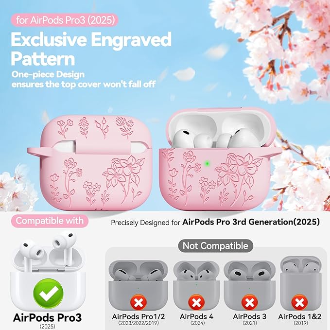 for AirPods Pro 3 Case Pink, Flower Engraved Case Cover Compatible with AirPods Pro 3rd Generation 2025, Soft Silicone Cases with Keychain & Cleaner for Women Girly, Shockproof, Anti-Scratch