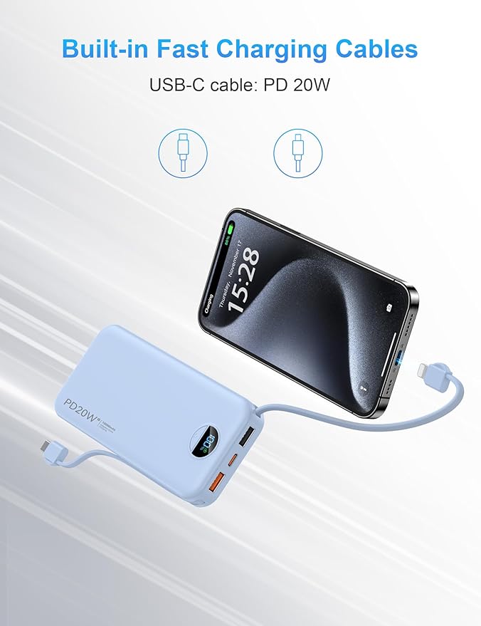 Portable Charger with Wall Plug, 10000mAh USB C Power Bank Fast Charging, External Battery Pack with Built in Cables, Digital Display, 5 Output 4 Input for iPhone Android Cell Phone Tablet