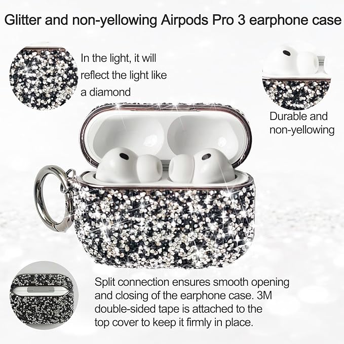 for Glitter AirPods Pro 3 Case 2025| Cute Bling Hard Air Pods Pro 3 Case (Model A2700/A2931) | with Keychain | Sparkly Rhinestone iPods Pro 3 Cases for Women Girl(Blackwhite)