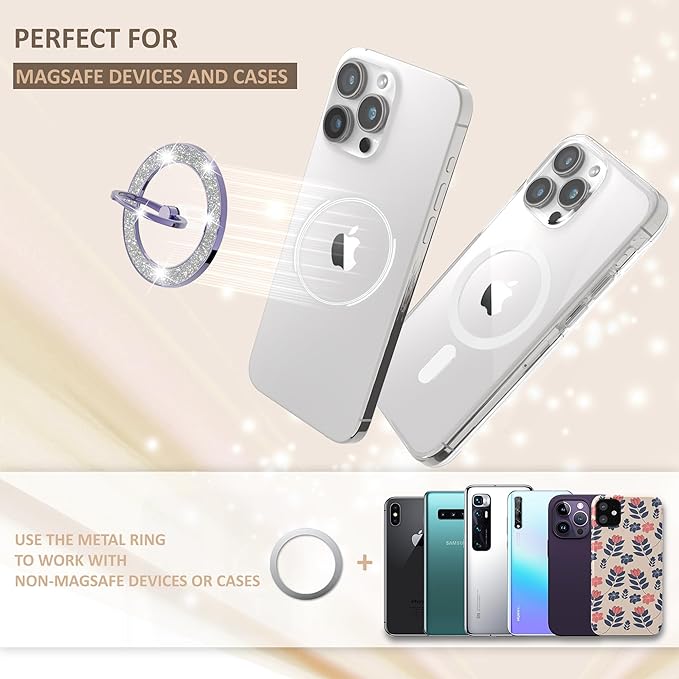 Magnetic Phone Ring Holder for MagSafe Cell Phone Grip Stand Finger Ring Stand Compatible with iPhone 17 16 15 14 13 12 Pro Max MagSafe Accessories Android. (Glitter Purple)