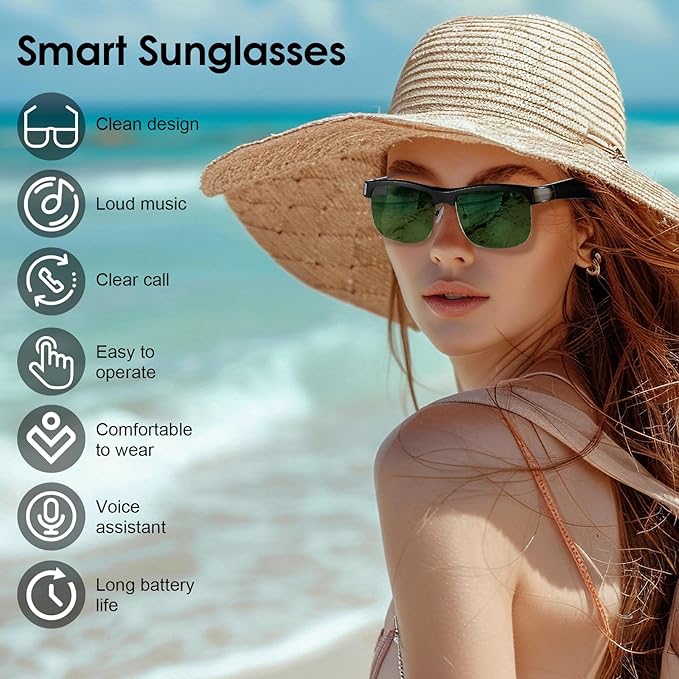 Smart Glasses,Bluetooth Sunglasses with Open Ear Speaker, Voice Assistant, Sports/Outdoor UV Protection