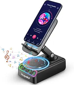 Adjustable Cell Phone Stand with Wireless Induction Bluetooth Speaker, HD Surround Sound & RGB Rhythm Lights, Foldable Portable Stand for Desk, Kitchen Counter, Home Office, Gift for Men Women Dad Mom