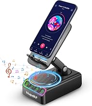 Adjustable Cell Phone Stand with Wireless Induction Bluetooth Speaker, HD Surround Sound & RGB Rhythm Lights, Foldable Portable Stand for Desk, Kitchen Counter, Home Office, Gift for Men Women Dad Mom