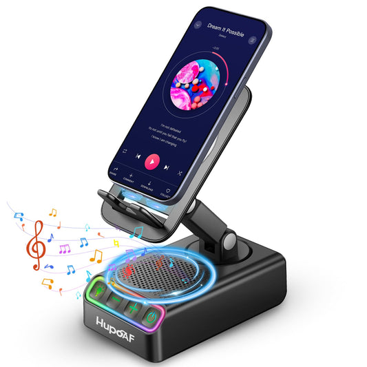 Adjustable Cell Phone Stand with Wireless Induction Bluetooth Speaker, HD Surround Sound & RGB Rhythm Lights, Foldable Portable Stand for Desk, Kitchen Counter, Home Office, Gift for Men Women Dad Mom