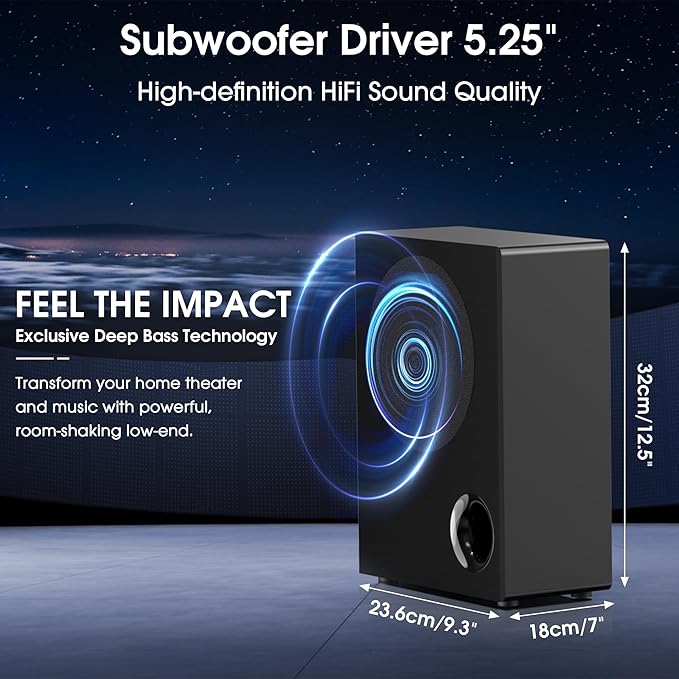 2.1 Channel Sound Bar with Wired Subwoofer, Dorby Audio 35in Detachable TV Soundbar, Bluetooth, HDMI-ARC, Optical, AUX, USB, FM, Coaxial Inputs for Home Theater