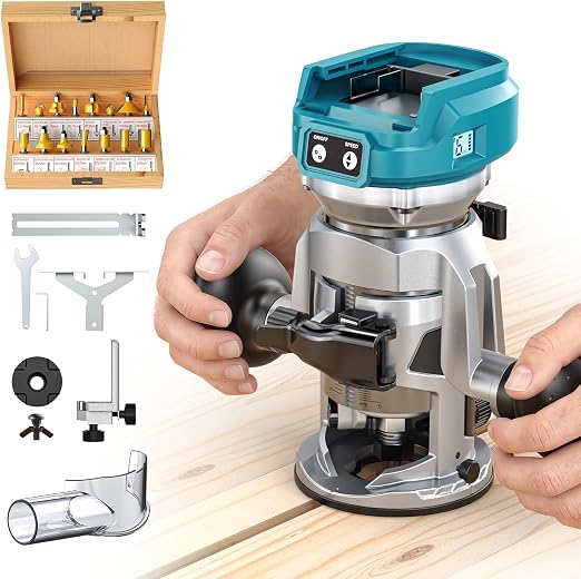 MtiolHig Cordless Router Compatible with Ma-kita Battery, with Double-Handle Router Fixed Base,800W 30000 RPM Brushless Wood Router, 6-Speed Control (Tool Only)