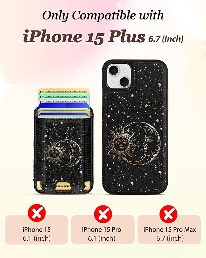 Shorogyt for iPhone 15 Plus Case Wallet - Fits 5 Cards, Compatible with Magsafe Detachable Magnetic Credit Card Holder Leather Cardholder Cute Phone Cover Women Girls for Apple 15Plus, Sun Moon