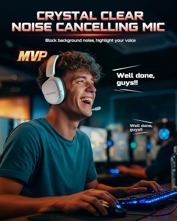 NUBWO Wireless Gaming Headset for PC, PS5, PS4, Connect to Game & Phone Simultaneously (2.4GHz + Bluetooth), 3 EQ Modes, 50H Battery, PS5 Headset with Mic, Lightweight Foldable Headphones White/Black