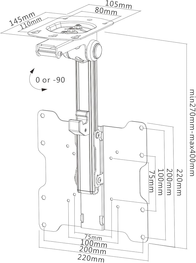 InstallerParts Folding TV Ceiling Mount - for 17 to 37 inch Flat Screen Display and Monitor of up to 44 Pounds, Adjustable Flip Down and Swivel Angle, VESA 75x75 mm to 200x200 mm, Black TV Mount