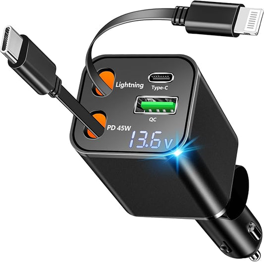 [Apple MFi Certified] Retractable Car Charger, Linocell 120W USB C Car Charger 4 in 1 PD/QC Type C Fast Charging Cigarette Lighter Adapter for iPhone 17/17 Pro Max/16/15/14/13/12/Galaxy S26/S25/Pixel