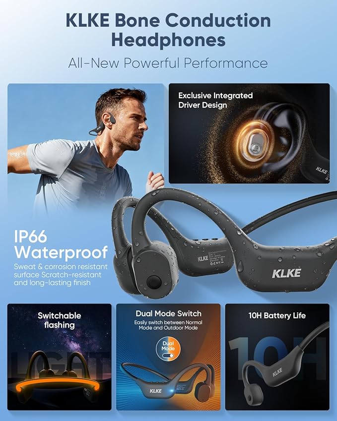 Open-Ear Bone Conduction Headphones, IP66 Waterproof, Integrated Transducer Running Headphones with Dual Mode, Rear Safety Light, 10H Battery,Advanced Mic for Cycling, Hiking & Outdoor Sports