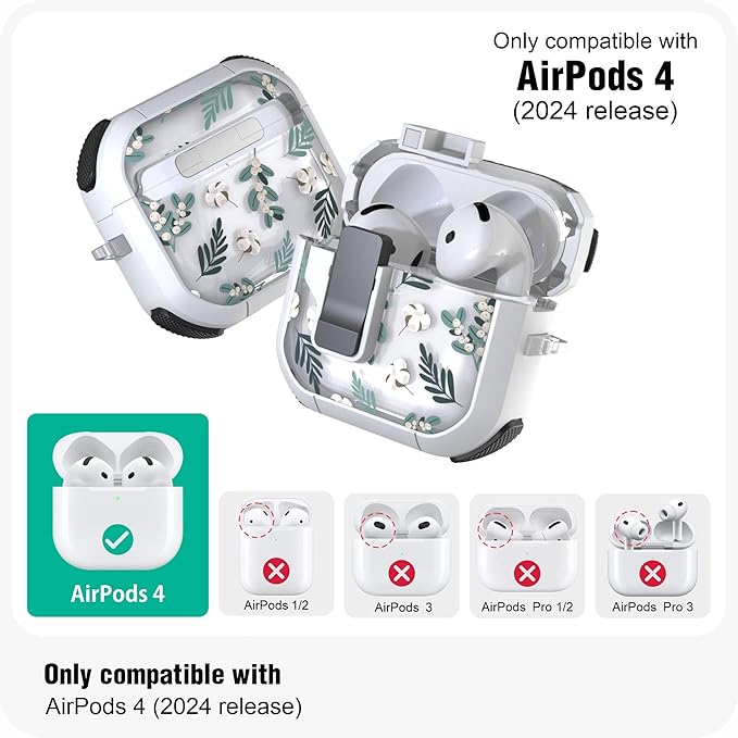 WENEW Case for AirPods 4th Case Cover Secure Lock Automatic Snap Switch Clip Cleaner Kit Lanyard Women Stylish Flower Armour Hard Shell Full Body Front LED Visible (Green Leaves, AirPods 4th)