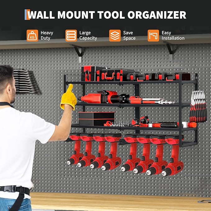 Power Tool Organizer, Drill Holder Wall Mount, Heavy Duty 4-Layer Drill Storage Shelf Loads 400Lbs, 8 Drill Holders and Drill Bit Rack, Utility Power Tool Storage for Garage Workbench
