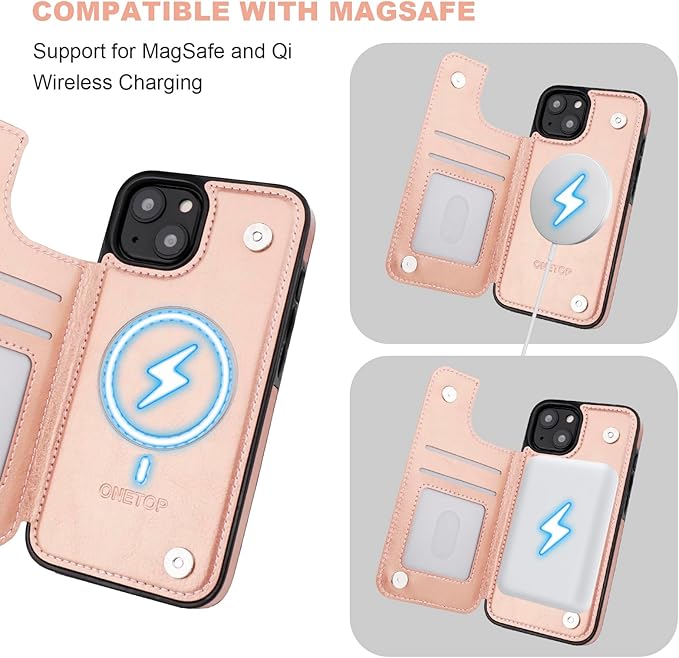 ONETOP Compatible with Magsafe for iPhone 13 Wallet Case with Card Holder, PU Leather Kickstand RFID Blocking Case, Double Magnetic Clasp and Durable Shockproof Cover 6.1 Inch (Rose Gold)