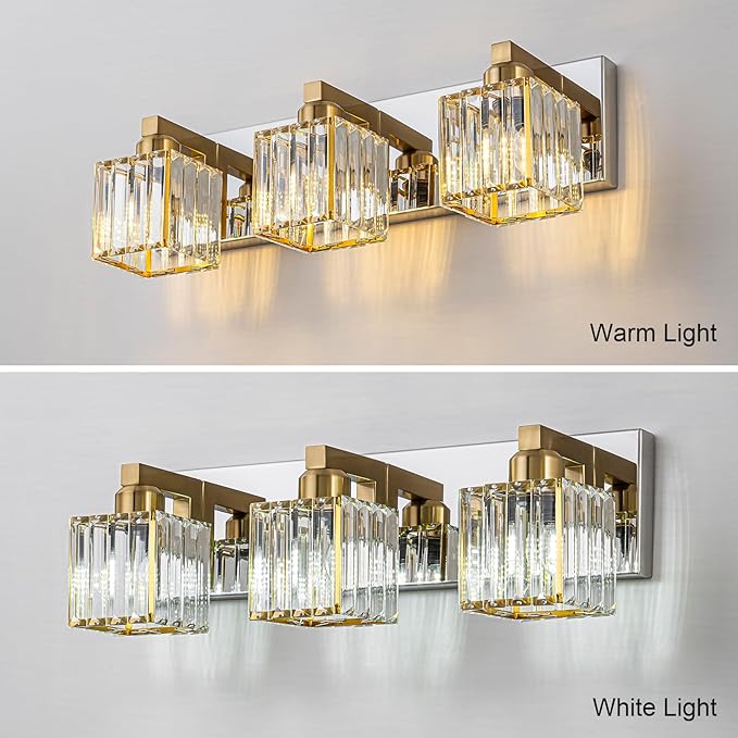 Gold Chrome Crystal Bathroom Light 3-Light Modern Bathroom Vanity Light Fixtures Over Mirror Wall Sconce