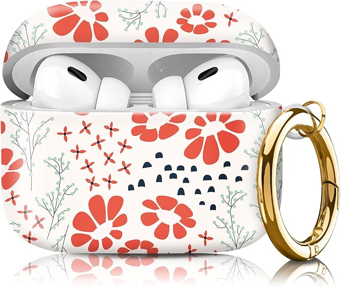 Compatible with Airpod pro 2nd/1st Generation Case Cover with Gold Round Keychain Cute Pattern Hard & Anti Slip Cover for Men Women & Girls（Abstract Plant）