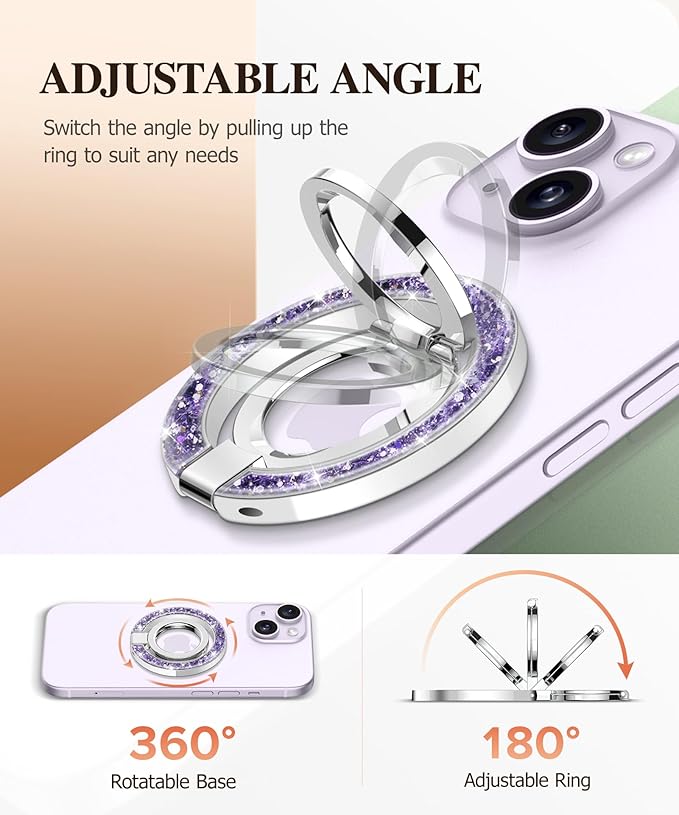 GVIEWIN Magnetic Phone Ring Holder, Compatible with MagSafe Phone Grip with Adjustable Stand, Magnet Phone Ring Kickstand for iPhone 17/16/15/14/13/12 Pro Max Plus Air/Other Phones (Glitter/Purple)