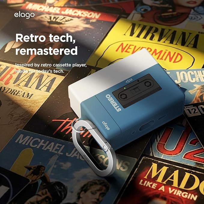 elago Cassette Tape Player Case Compatible with AirPods Pro 3 Case Cover, Carabiner Included, Wireless Charging, Shock Resistant, Full Protection, for Men, for Women (Blue)