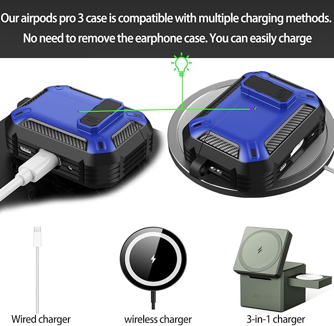 for AirPods Pro 3 Case, Secure Lock Cases Cover with Carabiner Compatible with Airpods Pro 3rd Generation Case, Full Body Shockproof Protective AirPod Case for Men Women(Black Blue)