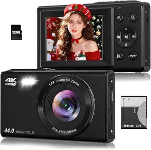 Digital Camera, 4K 44MP Autofocus Point and Shoot Camera with 16X Zoom 2.4" LCD Portable Compact Camera for Kids Teens Boys Girls Adults