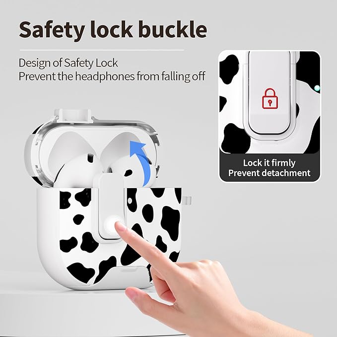 for AirPods 4 Case with Secure Lock Clip in Phone Stand,Floral Girly Style Protective Cover with Cleaning Kit and Hand Strap for Apple AirPod 4 Generation (White Cow)