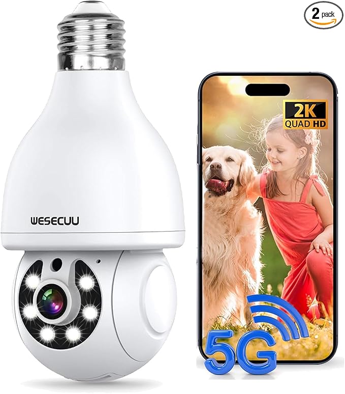 Light Bulb Security Camera, 2K Light Bulb Camera Outdoor, 2.4GHz & 5G WiFi Wireless Security Cameras for Home Security, Human Detection & Phone Alerts, Motion Tracking, Color Night Vision (White02)