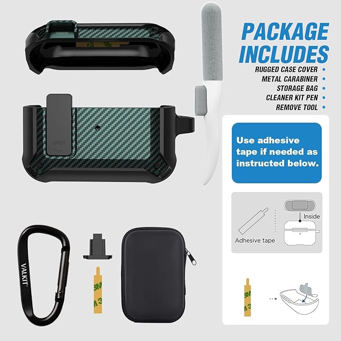 Valkit Compatible Airpods Pro Case with Lock Clip, Carbon Fiber Texture Air Pod Pro Case Cover with Keychain for Men Women Cool AirPod Pro Shockproof Protective Case for AirPods Pro 2019, Black/Green