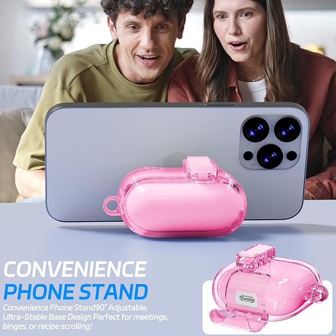 for AirPods 4 Case with Phone Stand & Safety Lock, Auto-Open Clear AirPod Case Compatible with Apple AirPods 4th Gen 2024, Anti-Scratch & Shockproof Protective Cover with Cleaning Kit & Keychain