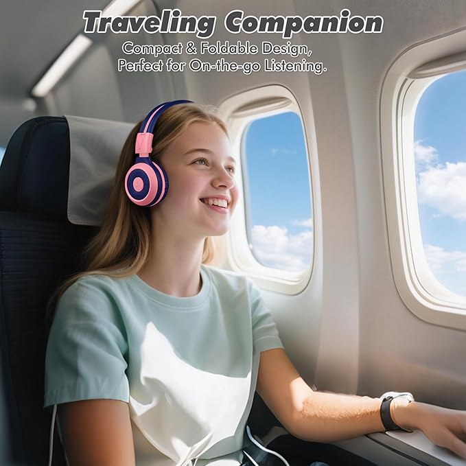 SIMOLIO Wireless Headphones Girls, Bluetooth Foldable Childrens Headphones with Mic and Volume Limited, Over-Ear Stereo Headset for Fire Tablet iPad School Travel Airplane Cellphones, Wired Mode Pink