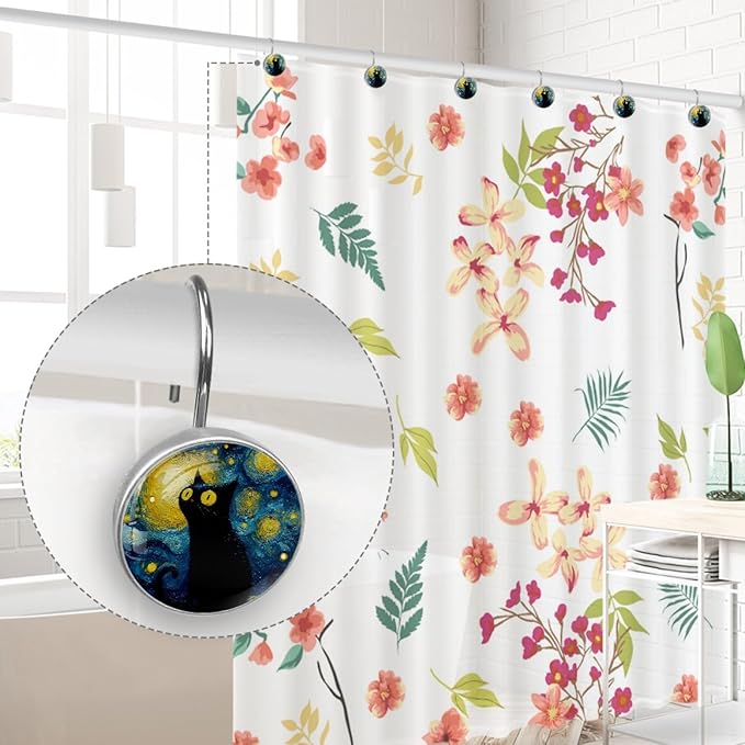 12 Packs Abstract Starry Sky Cat Shower Curtain Hooks, Stainless Steel Glass Shower Curtain Rings for Bathroom Decor, Metal Rustproof Curtain Rod Hooks