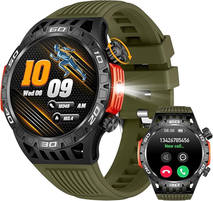 YoYoFit Military Smart Watch with LED Flashlight, Compass, SOS, Rugged Tactical Bluetooth Answer/Dial Calls, Heart Rate Blood Pressure Sleep Monitor Compatible for Android and iOS, Green