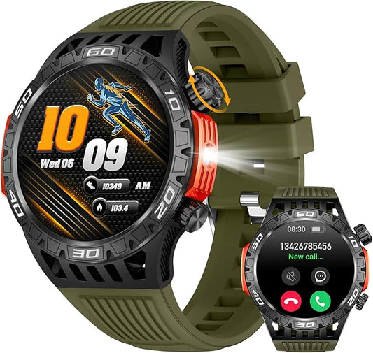 YoYoFit Military Smart Watch with LED Flashlight, Compass, SOS, Rugged Tactical Bluetooth Answer/Dial Calls, Heart Rate Blood Pressure Sleep Monitor Compatible for Android and iOS, Green