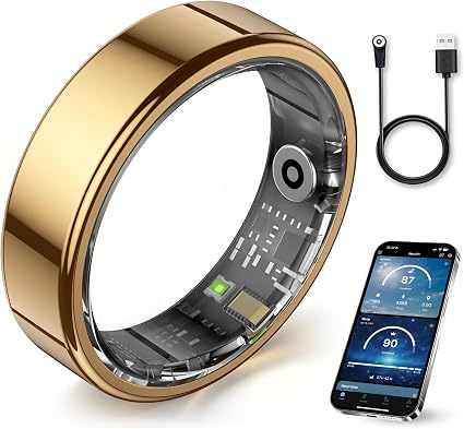 Smart Ring Health Tracker for Women & Men, Blood Oxygen/Sleep/Stress/Sports Modes/Women's Health/5ATM Waterproof Fitness Tracker Ring, No Subscription Required(Gold-Size 7)